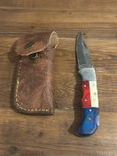 Custom Damascus Steel Folding Knife - Red, White & Blue "Patriot" Handle - Leather Sheath
