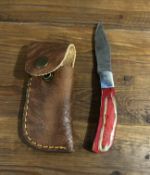 Custom Damascus Folding Knife - Vibrant Red Bone Grip - Includes Leather Case