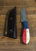 Custom Damascus Hunting Knife with Tooled Leather Sheath