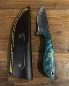 Custom "Dragon Scale" Forged Steel Knife with Teal Swirl Resin Handle - Leather Sheath
