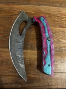 Custom Damascus Steel Ulu Knife - Vibrant Pink & Teal Handle with Leather Sheath