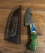 Custom Damascus Steel Gut Hook Skinner - Hybrid Wood & Resin Hunting Knife - Leather Sheath