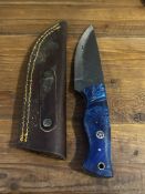 Custom Rasp Knife with Blue Pearlescent Resin Handle & Leather Sheath