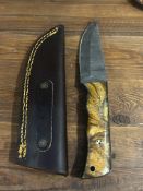 Custom Damascus Steel Fixed Blade Hunting Knife - Gold Swirl Resin Handle & Leather Sheath
