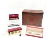 Sheaffer boxed gold plated fountain pen / ballpoint set (with refills), Parker etc in an antique oak