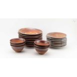 † PHIL ROGERS (1951-2020); a set of seven salt glazed dinner plates, seven side plates with
