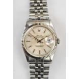 ROLEX; a gentleman's stainless steel Oyster Perpetual Datejust, the silvered dial set with batons