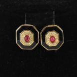CHRISTIAN DIOR; a pair of vintage 1970s gilt metal costume jewellery octagonal black enamelled paste