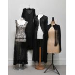 An original 1930s full length black silk chiffon coat dress, with ruched neck and button closure