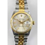 ROLEX; a gentleman's Oyster Perpetual Datejust bimetal wristwatch, the dial set with batons and
