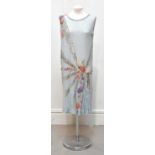 A 1920s Art Deco flapper dress style round neck sleeveless shift light blue silk dress, hand