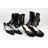PRADA; a pair of black suede wedge platform sandals, with cork heel, front straps and slingbacks,