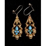 A pair of Victorian yellow metal and turquoise set drop earrings, test as 18kt gold on Thermo
