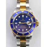 ROLEX; a gentleman's bi-metal 'Bluesy' submariner wristwatch, with date aperture, 16613, serial