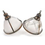 A pair of rubbed frosted glass and coppered metal ceiling lights, height 39cm (2).