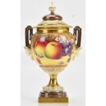 PETER PLATT FOR ROYAL WORCESTER; an impressive hand painted twin handled pedestal urn vase and