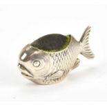 SAMPSON MORDAN; a novelty pin cushion formed as a fish, hallmarks slightly rubbed, Chester, length