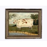 UNATTRIBUTED; a late 20th century oil on canvas board, naive study of a cow, unsigned, 44 x 56cm,