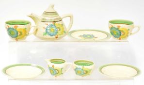 CLARICE CLIFF; a Lynton Honey Dew pattern part tea service, comprising teapot, sugar bowl, milk jug,