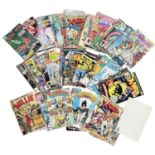 A collection of approximately sixty Marvel and DC comics, including Spider-Man, Wonder Woman, X-Men,