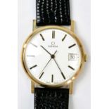 OMEGA; a gold-plated presentation watch, the dial set with baton numerals and date aperture, on