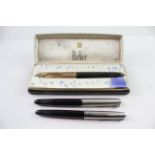 3 x Vintage Parker 51 Fountain Pens 14ct Gold Nibs WRITING Inc Gold Plate Caps - Dip Tested &