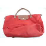 Longchamp Le Pilage Original Shoulder Bag In Red Nylon & =Brown Leather Handles - w/ Gold Tone