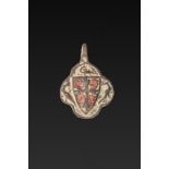BRITISH MEDIEVAL COPPER ALLOY HORSE HARNESS PENDANT WITH CROSS AND BIRDS