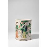 CHINESE FAMILLE VERTE FIGURAL PORCELAIN BRUSH POT