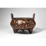 CHINESE BRONZE TRIPOD CENSER WITH SPLASHED GOLD, XUANDE MARK