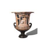 LARGE GREEK APULIAN RED-FIGURE CALYX KRATER WITH NAISKOS SCENE