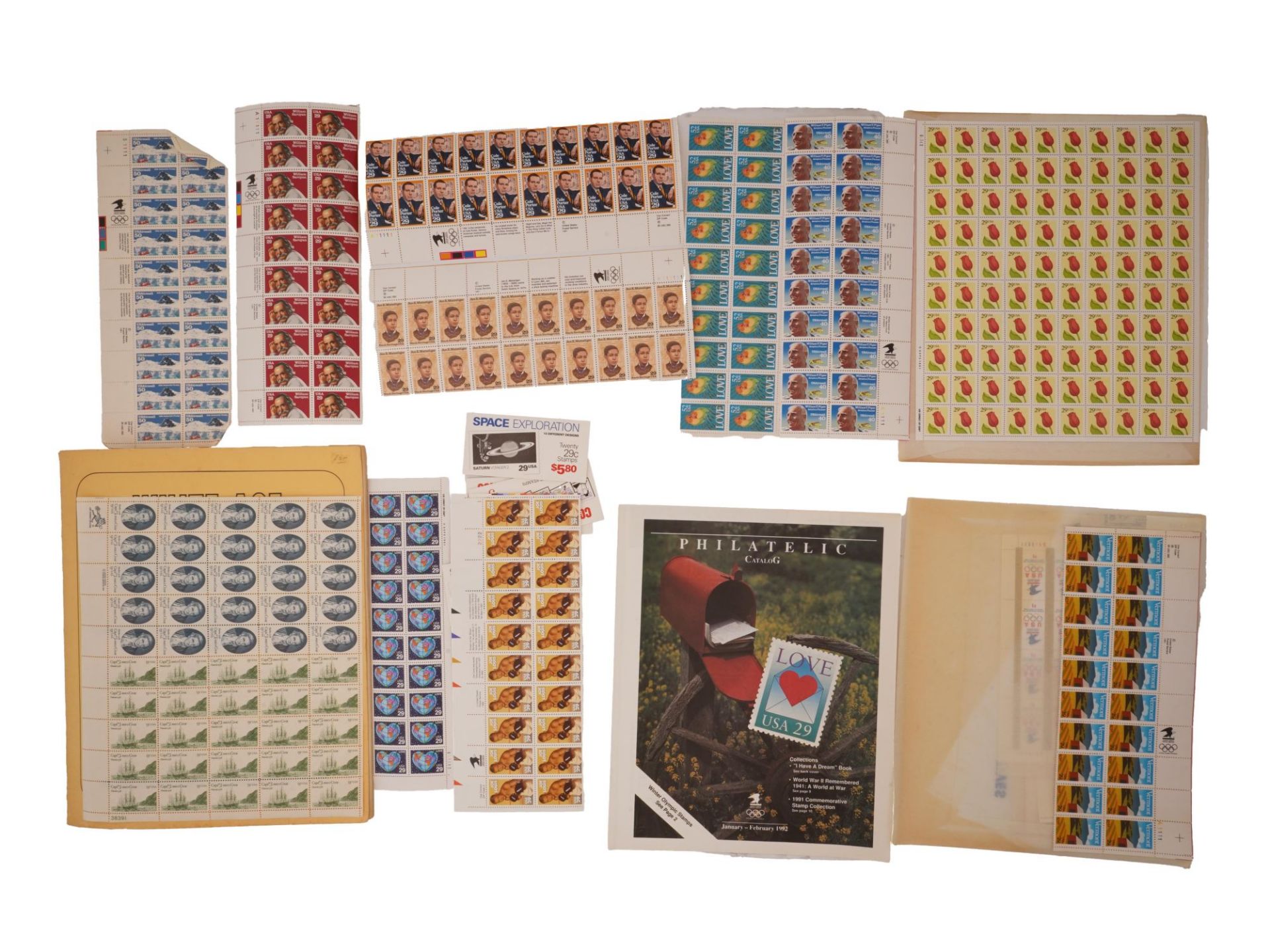 A lot of vintage 1980s United States Postal Service postage stamps. The