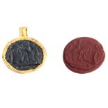 ANCIENT ROMAN GOLD AND BRONZE INTAGLIO W ENGRAVED IMAGE