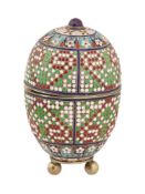 LARGE RUSSIAN GEMSTONE SILVER ENAMEL EASTER EGG W STAND