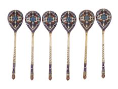 SET OF SIX RUSSIAN SILVER ENAMEL DEMITASSE SPOONS