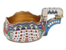 RUSSIAN 88 SILVER AND CLOISONNE ENAMEL KOVSH
