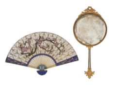 ANTIQUE FRENCH HAND MIRROR AND A DECORATIVE CHINESE FAN