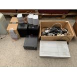AN ASSORTMENT OF ITEMS TO INCLUDE SPEAKERS, CABLES AND A PANASONIC CD PLAYER ETC