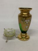 A VICTORIAN STOURBRIDGE URANIUM GLASS OPEN SALT IN A SILVER PLATED STAND WITH SPOON TOGETHER WITH