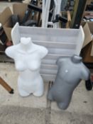 TWO TORSO BODIES, CLOTHES RAILS AND A BOOK SHELF ETC