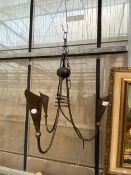 A METAL THREE BRANCH CEILING LIGHT FITTING