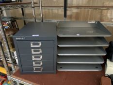 A BISLEY FIVE DRAWER MINIATURE FILING CABINET AND A SHELF UNIT