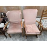 A MID 20TH CENTURY UPHOLSTERED ROCKING CHAIR AND SIMILAR FIRESIDE CHAIR