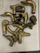 A COLLECTION OF BRASS WALKING STICK HEAD HANDLES TO INCLUDE TWO HALLMARKED SILVER FILLED, GROSS