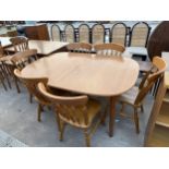 A TEAK EXTENDING DINING TABLE AND SIX VICTORIAN STYLE KITCHEN CHAIRS