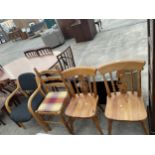 A PAIR OF VICTORIAN STYLE PINE KITCHEN CHAIRS, LADDER-BACK PINE CHAIR AND BENTWOOD OFFICE CHAIR