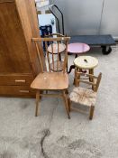 A PAINTED STOOL, TRIPOD WINE TABLE AND A CHILDS CHAIR WITH RUSH SEAT, TEA STAND AND ERCOL STYLE