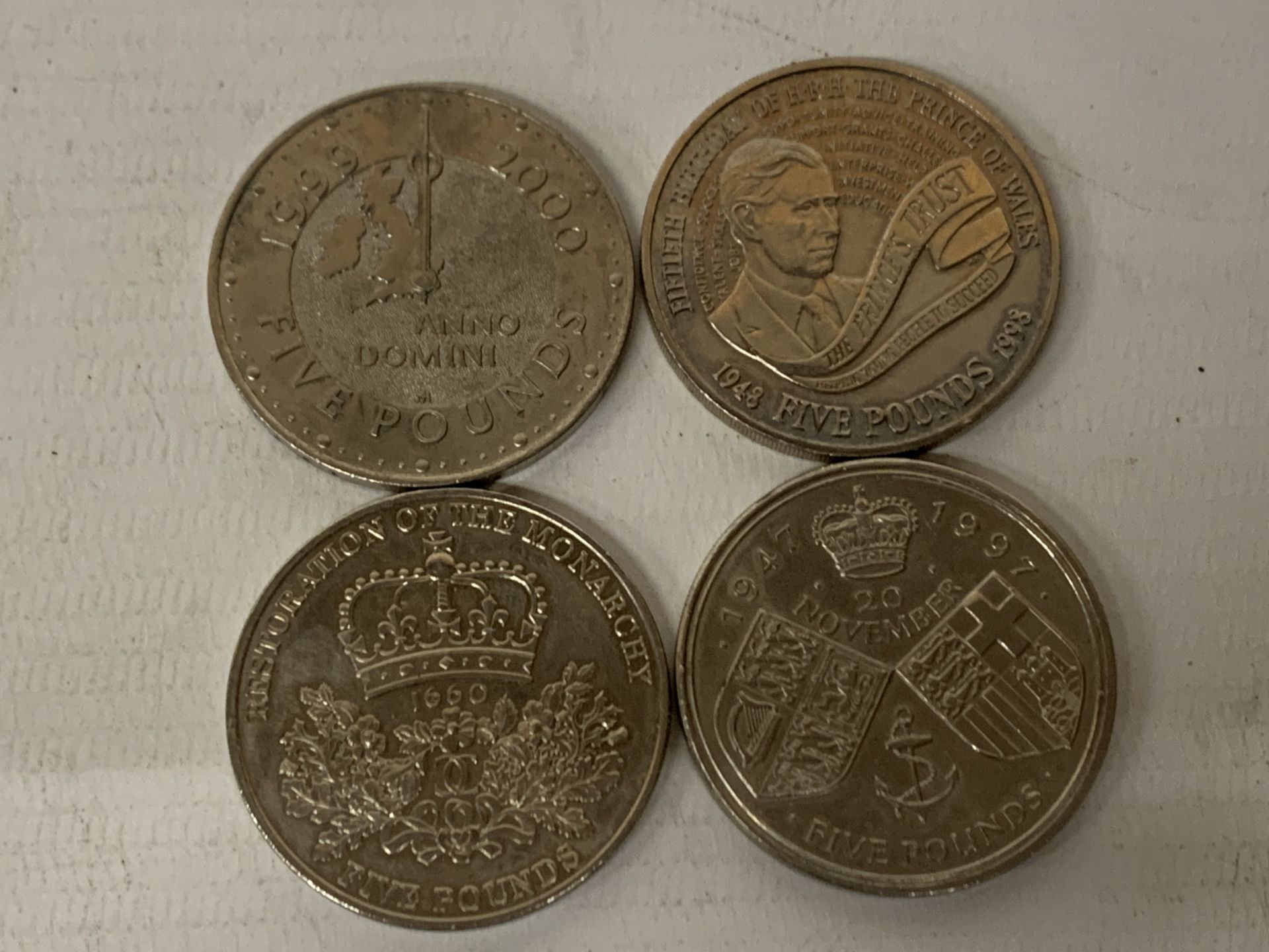 FOUR FIVE POUND COINS 1997, 1998, 1999 AND 2010