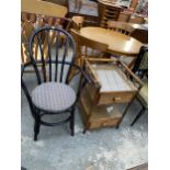 A WICKER AND FAUX BAMBOO BEDSIDE TABLE AND BEDROOM CHAIR