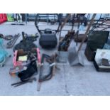 A BRICK HOD, HAND SAWS BOW SAWS AND FURTHER HAND TOOLS